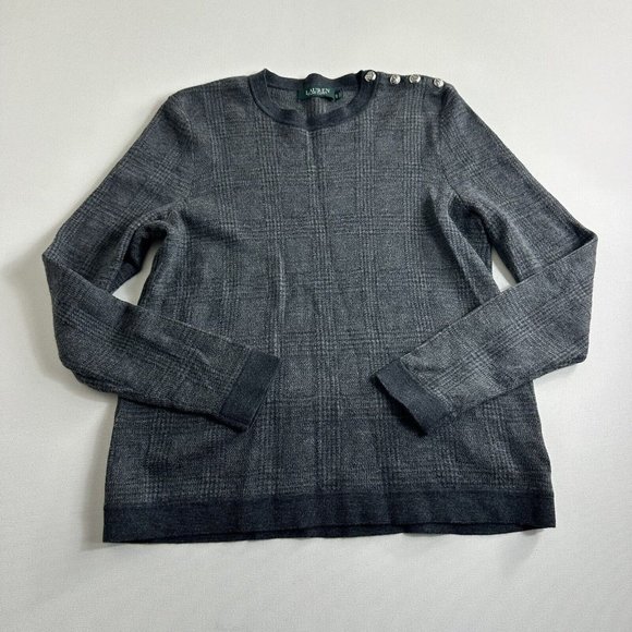 Lauren Ralph Lauren Knit Sweater Women Size‎ XL 100% Wool Plaid Gray Crewneck - Picture 1 of 9